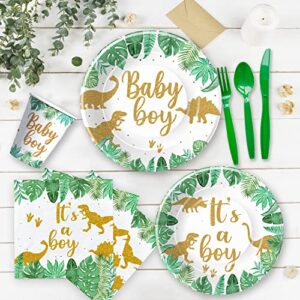 HIPVVILD Dinosaur Baby Shower Decorations for Boy - Jungle Safari Theme Baby Shower Party Supplies Include Plates, Cups, Napkins, Tablecloth, Straws, Cutlery, Dinosaur Baby Boy Decorations | Serve 24