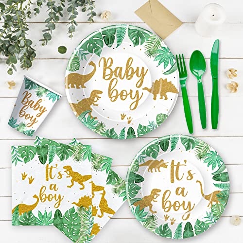 HIPVVILD Dinosaur Baby Shower Decorations for Boy - Jungle Safari Theme Baby Shower Party Supplies Include Plates, Cups, Napkins, Tablecloth, Straws, Cutlery, Dinosaur Baby Boy Decorations | Serve 24