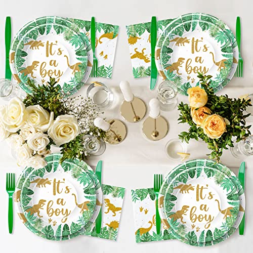 HIPVVILD Dinosaur Baby Shower Decorations for Boy - Jungle Safari Theme Baby Shower Party Supplies Include Plates, Cups, Napkins, Tablecloth, Straws, Cutlery, Dinosaur Baby Boy Decorations | Serve 24