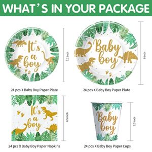 HIPVVILD Dinosaur Baby Shower Decorations for Boy - Jungle Safari Theme Baby Shower Party Supplies Include Plates, Cups, Napkins, Tablecloth, Straws, Cutlery, Dinosaur Baby Boy Decorations | Serve 24