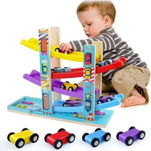 montessori toys for toddlers, children race track toy with 4 cars and 1 wooden parking lot, stable base, car ramp toy for 1 2 3 year old boy girl gifts