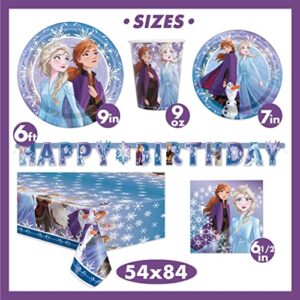 Frozen Birthday Party Supplies Set | Frozen Party Decorations | Frozen Party Supplies | Frozen 2 Theme With Elsa, Anna & Olaf for Boys & Girls | With Banner, Tablecloth / Table Cover, Dinner & Cake Plates, Napkins, Cups, Button | Serves 16 Guests