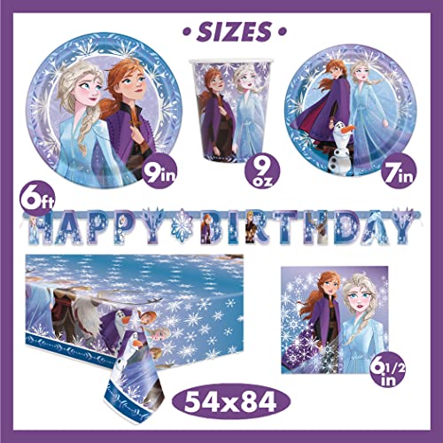 Frozen Birthday Party Supplies Set | Frozen Party Decorations | Frozen Party Supplies | Frozen 2 Theme With Elsa, Anna & Olaf for Boys & Girls | With Banner, Tablecloth / Table Cover, Dinner & Cake Plates, Napkins, Cups, Button | Serves 16 Guests