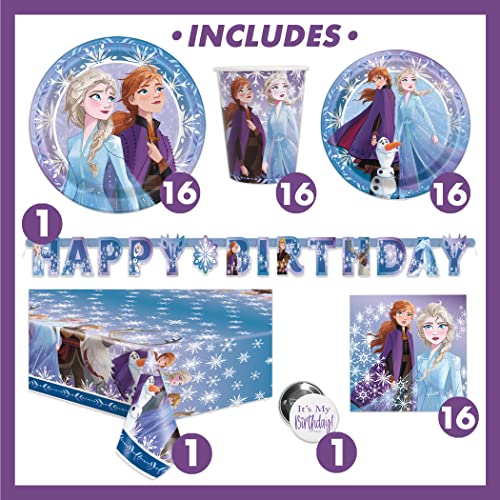 Frozen Birthday Party Supplies Set | Frozen Party Decorations | Frozen Party Supplies | Frozen 2 Theme With Elsa, Anna & Olaf for Boys & Girls | With Banner, Tablecloth / Table Cover, Dinner & Cake Plates, Napkins, Cups, Button | Serves 16 Guests