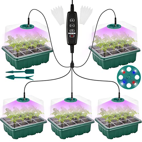 Seed Starter Tray Kit with Grow Light(2023 Upgrade 8 Full-Spectrum LED, Timer, Dimming, Higher Humidity Dome) 5 Pack Seedling Sprouting Trays Indoor Gardening Gifts Supplies Greenhouse Germination Kit