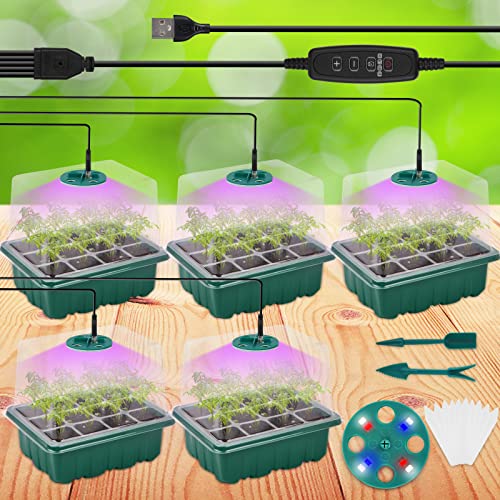 Seed Starter Tray Kit with Grow Light(2023 Upgrade 8 Full-Spectrum LED, Timer, Dimming, Higher Humidity Dome) 5 Pack Seedling Sprouting Trays Indoor Gardening Gifts Supplies Greenhouse Germination Kit