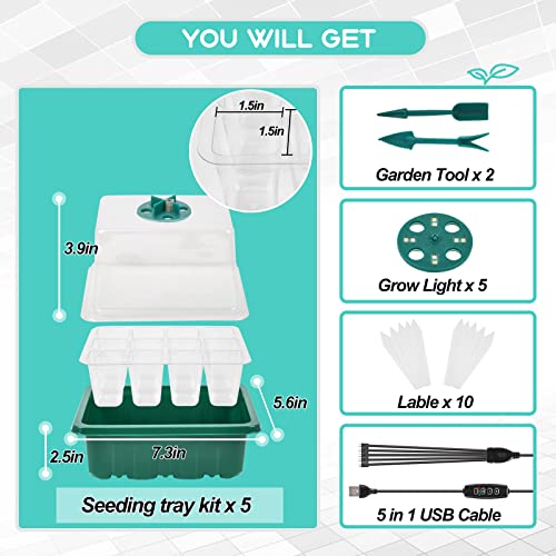 Seed Starter Tray Kit with Grow Light(2023 Upgrade 8 Full-Spectrum LED, Timer, Dimming, Higher Humidity Dome) 5 Pack Seedling Sprouting Trays Indoor Gardening Gifts Supplies Greenhouse Germination Kit