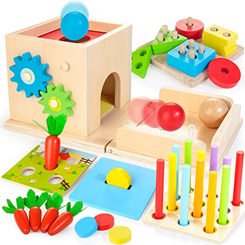 JUSTWOOD Montessori Toys for 1 2 3 Years Old Kids, 8-in-1 Wooden Play Kit Includes Object Permanent Box, Sensory Learning Activity Cube, Bonus Stacking & Sorting Toy, Gift for Toddlers Age 12+ Months