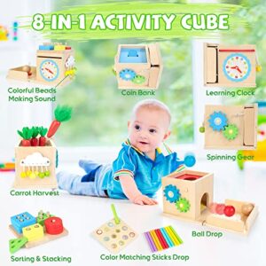 JUSTWOOD Montessori Toys for 1 2 3 Years Old Kids, 8-in-1 Wooden Play Kit Includes Object Permanent Box, Sensory Learning Activity Cube, Bonus Stacking & Sorting Toy, Gift for Toddlers Age 12+ Months