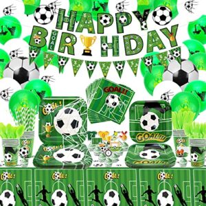 soccer party supplies serves 20 guests - including happy birthday banner, plates, cake toppers, cups, napkins, tablecloth, balloons, straws, for boys kids sports birthday party decorations
