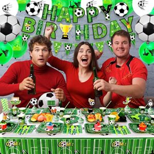 Soccer Party Supplies Serves 20 Guests - Including Happy Birthday Banner, Plates, Cake Toppers, Cups, Napkins, Tablecloth, Balloons, Straws, for Boys Kids Sports Birthday Party Decorations