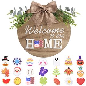 interchangeable welcome home sign, seasonal front porch door decor with 21 changeable icons for halloween /christmas/independence day, rustic wood wreaths wall hanger for housewarming gift (12in)