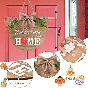 Interchangeable Welcome Home Sign, Seasonal Front Porch Door Decor With 21 Changeable Icons for Halloween /Christmas/Independence Day, Rustic Wood Wreaths Wall Hanger for Housewarming Gift (12in)