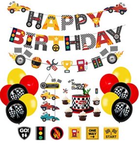pratyus race car birthday decorations for kids boys let's go racing party supplies with banner, welcome hanger, car party signs, cake topper and checkered balloons