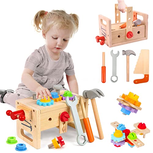 Wdmiya Wooden Toddler Tool Set, Toy Tools for Toddlers 3 4 Year Old and Montessori Educational STEM Toys, 29 Pcs Pretend Construction Toys Birthday Gifts for Boys & Girls.