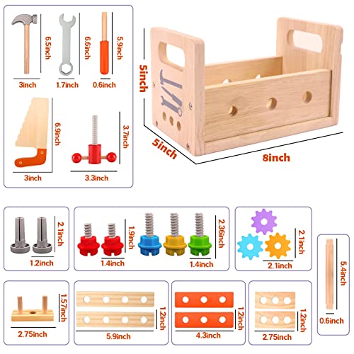 Wdmiya Wooden Toddler Tool Set, Toy Tools for Toddlers 3 4 Year Old and Montessori Educational STEM Toys, 29 Pcs Pretend Construction Toys Birthday Gifts for Boys & Girls.