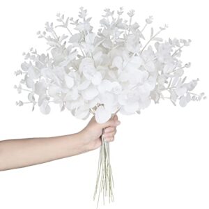 Gorgeoos 16PCS Artificial Eucalyptus Stems Bouquet White Faux Silk Eucalyptus Leaves with 4 Branches Real Touch Leaf Stem for Vase Wedding Table Centerpiece DIY Flower Arrangements Christmas Decor