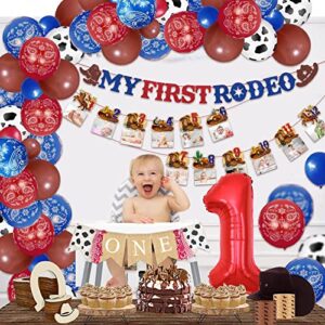gogoparty my first rodeo cowboy 1st party decorations - western cowboy theme 1 year old party supplies, cow one high chair banner, photo banner, balloons, cowboy themed birthday sets