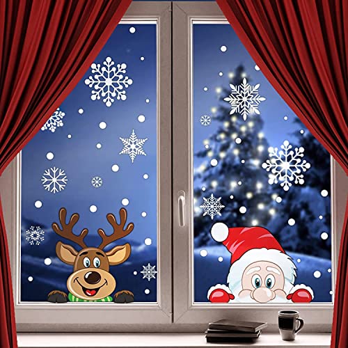 300 PCS 8 Sheet Christmas Snowflake Window Cling Stickers for Glass, Xmas Decals Decorations Holiday Snowflake Santa Claus Reindeer Decals for Party