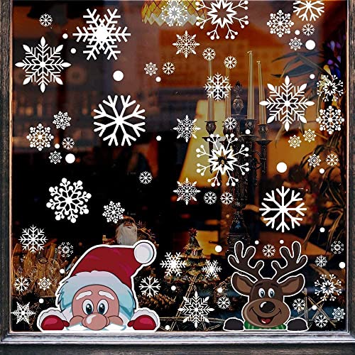 300 PCS 8 Sheet Christmas Snowflake Window Cling Stickers for Glass, Xmas Decals Decorations Holiday Snowflake Santa Claus Reindeer Decals for Party