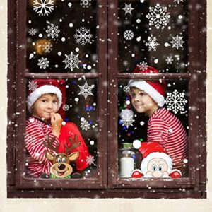 300 PCS 8 Sheet Christmas Snowflake Window Cling Stickers for Glass, Xmas Decals Decorations Holiday Snowflake Santa Claus Reindeer Decals for Party