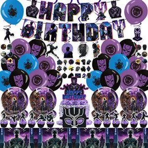 black party supplies for boys, movies theme party decorations include happy birthday banner, hanging swirls, balloons, cake toppers, cupcake toppers, sticker, eye mask, tablecloth, plate, movies themed party favor for kids fans