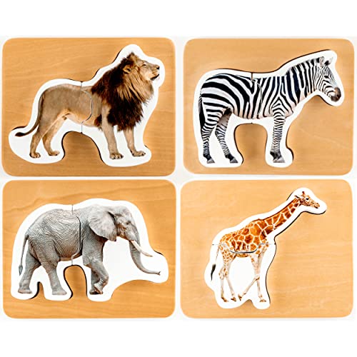 Wooden Montessori Animal Puzzles for Toddlers 1-3 | Realistic Chunky Safari Animal Shape Puzzle | Educational Learning Toy