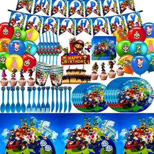 super mario party favor party decorations, super mario party themed flatware, banner, balloons, plates, spoons, fork, knives, napkins, cake toppers, paper cups, straws, tablecloth party supplies kids boys and baby shower themed birthday party supplies, su