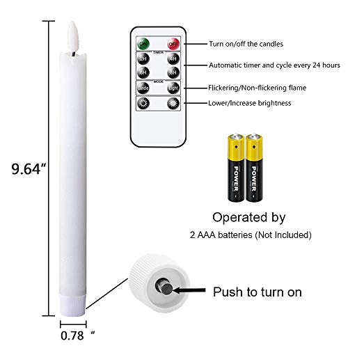 GenSwin Flameless White Taper Candles Flickering with 10-Key Remote, Battery Operated Led Warm 3D Wick Light Window Candles Real Wax Pack of 6, Christmas Home Wedding Decor(0.78 X 9.64 Inch)