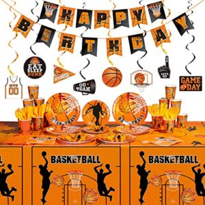 181 pcs basketball theme birthday party decorations 2 basketball sports tablecloth 8 hanging swirls basketball hoop banner 24 set basketball tableware plates cups napkins for boy kids party decor