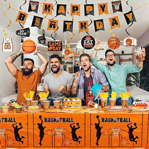 181 Pcs Basketball Theme Birthday Party Decorations 2 Basketball Sports Tablecloth 8 Hanging Swirls Basketball Hoop Banner 24 Set Basketball Tableware Plates Cups Napkins for Boy Kids Party Decor