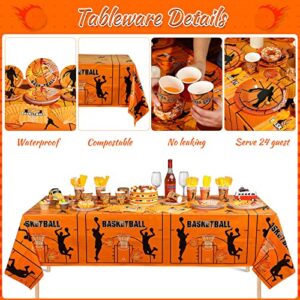 181 Pcs Basketball Theme Birthday Party Decorations 2 Basketball Sports Tablecloth 8 Hanging Swirls Basketball Hoop Banner 24 Set Basketball Tableware Plates Cups Napkins for Boy Kids Party Decor