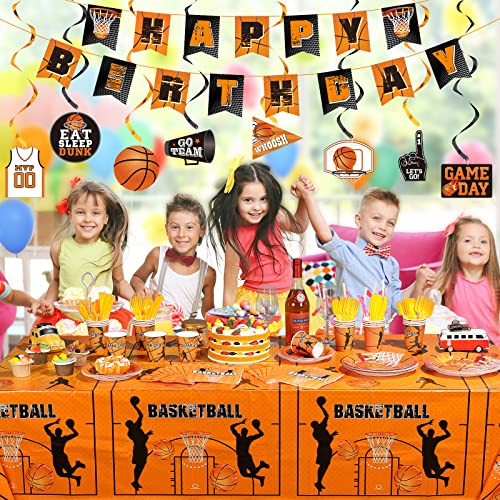 181 Pcs Basketball Theme Birthday Party Decorations 2 Basketball Sports Tablecloth 8 Hanging Swirls Basketball Hoop Banner 24 Set Basketball Tableware Plates Cups Napkins for Boy Kids Party Decor