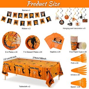 181 Pcs Basketball Theme Birthday Party Decorations 2 Basketball Sports Tablecloth 8 Hanging Swirls Basketball Hoop Banner 24 Set Basketball Tableware Plates Cups Napkins for Boy Kids Party Decor