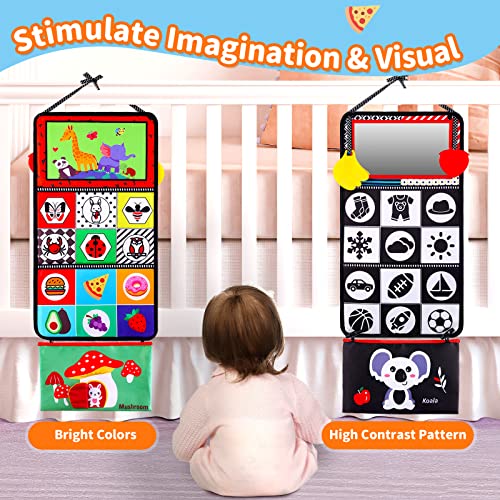 Baby Tummy Time Toys 0-6 6-12 Months Newborn Infant Mirror Toys with Sensory Crinkle Books and Teethers, Black and White High Contrast Baby Toys, Montessori Crawling Toys for Boys Girls 0 3 6 12 Month