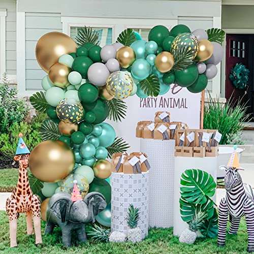 Amandir 151Pcs Jungle Safari Balloon Garland Kit, Metallic Green Gold Tropical Balloons Arch Artificial Palm Leaves for Animal Dinosaur Two Wild One Birthday Baby Shower Decoration Boys Party Supplies