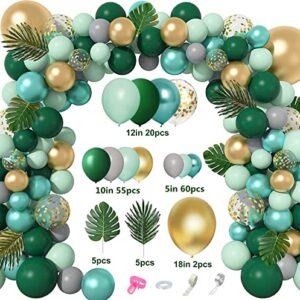 Amandir 151Pcs Jungle Safari Balloon Garland Kit, Metallic Green Gold Tropical Balloons Arch Artificial Palm Leaves for Animal Dinosaur Two Wild One Birthday Baby Shower Decoration Boys Party Supplies