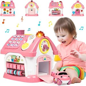 marstone baby girl toys for 1 2 3+ years, montessori toddlers toys with sound/lights/music/clock/telephone/car 6 in 1 multi-functional house, early educational musical toy gift for girl and boy