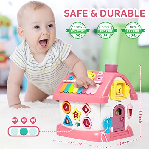 Marstone Baby Girl Toys for 1 2 3+ Years, Montessori Toddlers Toys with Sound/Lights/Music/Clock/Telephone/Car 6 in 1 Multi-Functional House, Early Educational Musical Toy Gift for Girl and Boy