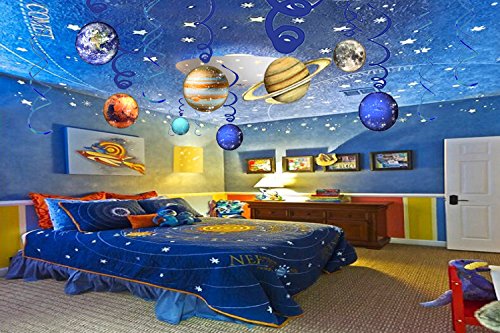 HADEEONG Space Hanging Decor, Solar System Hanging Swirl Party Supplies Space Happy Birthday Banner for Boys Girls Kids Space Themed Planets Birthday Party Favor Supplies 30PCS