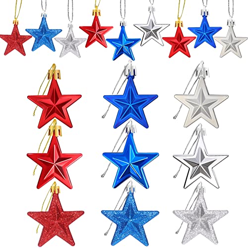 JULMELON 36Pcs Patriotic Star Ornaments Memorial Day Independence Day Labor Day Veterans Day Decorations for Home Party Christmas Tree Decor, Blue Red and Silver