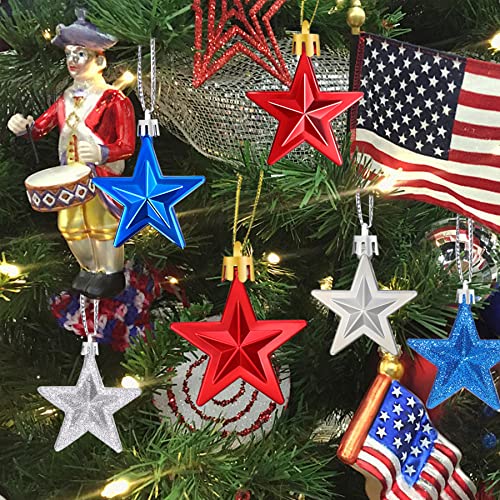 JULMELON 36Pcs Patriotic Star Ornaments Memorial Day Independence Day Labor Day Veterans Day Decorations for Home Party Christmas Tree Decor, Blue Red and Silver