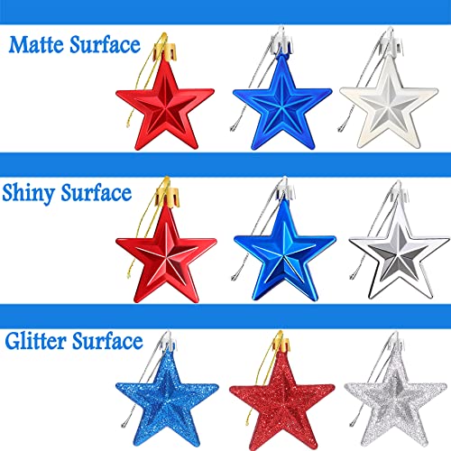 JULMELON 36Pcs Patriotic Star Ornaments Memorial Day Independence Day Labor Day Veterans Day Decorations for Home Party Christmas Tree Decor, Blue Red and Silver