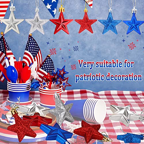 JULMELON 36Pcs Patriotic Star Ornaments Memorial Day Independence Day Labor Day Veterans Day Decorations for Home Party Christmas Tree Decor, Blue Red and Silver