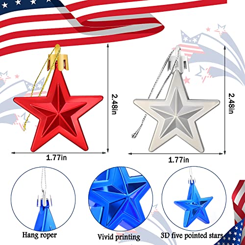 JULMELON 36Pcs Patriotic Star Ornaments Memorial Day Independence Day Labor Day Veterans Day Decorations for Home Party Christmas Tree Decor, Blue Red and Silver