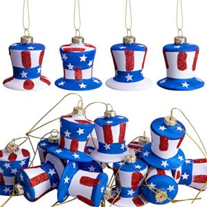 12pcs patriotic glass hat ornament, july 4th uncle sam american hat ornament, red white blue memorial veterans day hanging hat for independence day party decor (american)