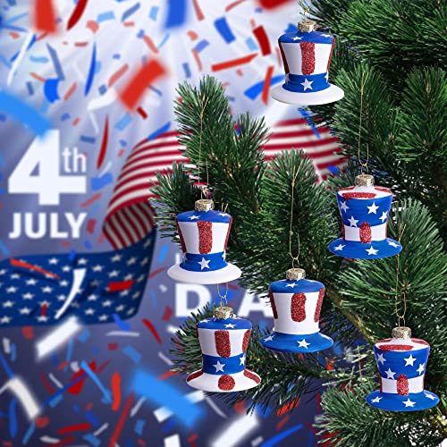 12Pcs Patriotic Glass Hat Ornament, July 4th Uncle Sam American Hat Ornament, Red White Blue Memorial Veterans Day Hanging Hat for Independence Day Party Decor (American)