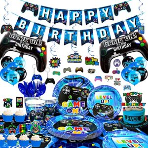213pcs video gamer birthday party decorations & video game party tableware supplies set - video game party plates cups napkins tablecloth banner balloons etc game themed party decorations for boys