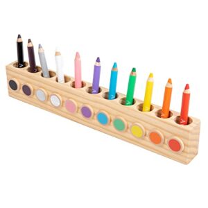 auvewilo montessori wooden colored pencil holder with 11 compartments, including 3 in 1 short fat chubby pencils, wax crayon, watercolor paint, desktop organizer for kids, office and school supplies…