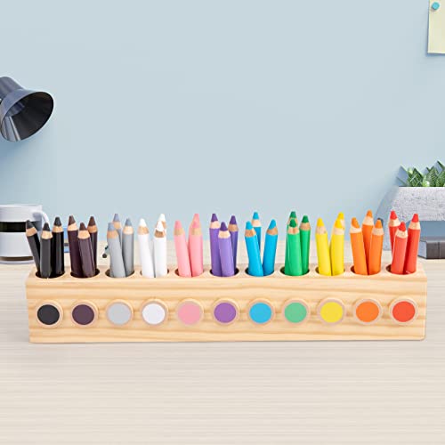 Auvewilo Montessori Wooden Colored Pencil Holder with 11 Compartments, Including 3 in 1 Short Fat Chubby Pencils, Wax Crayon, Watercolor Paint, Desktop Organizer for Kids, Office and School Supplies…